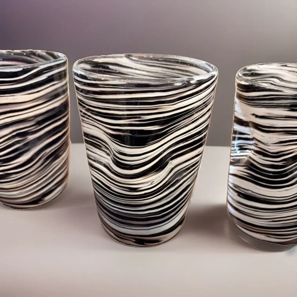 Murano Style Hand Blown glass vintage tumblers Mid Century Modern Black And Whte
